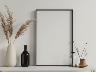 Abstract mockup of frame on shelf in scandinavian interior design, simple wall with decor and decorative objects. White background for artwork poster or picture. Modern home decoration concept.