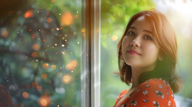 A smiling Indonesian woman watching rain outside