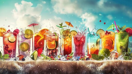 A row of colorful cocktails with fruit slices and straws on a blue background.