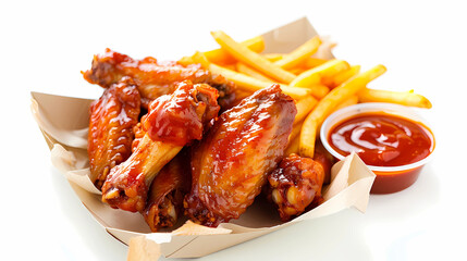 chicken wings and French fries with ketchup isolated on white background