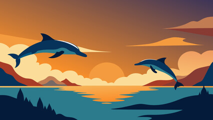 Majestic Dolphins Leaping at Sunset Over Calm Sea. Vector illustration for World Whale and Dolphin Day