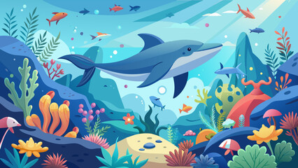 Obraz premium Vibrant Underwater Seascape with Playful Dolphin and Colorful Coral. Vector illustration for World Whale and Dolphin Day