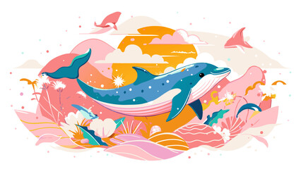 Whimsical Ocean Seascape with Playful Whale and Seabirds. Vector illustration for World Whale and Dolphin Day