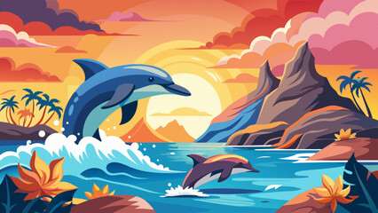 Vibrant Sunset Seascape with Playful Dolphins and Tropical Scenery. Vector illustration for World Whale and Dolphin Day