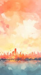 A city skyline with a sunset in the background,watercolor illustrations ,summer season.