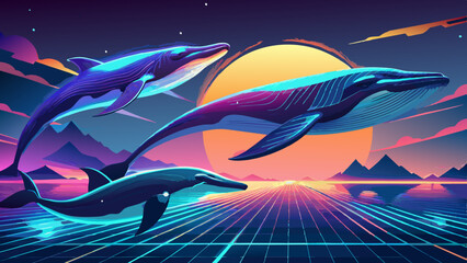 Majestic Whales Soaring Over Cyber Seascape at Sunset. Vector illustration for World Whale and Dolphin Day