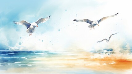 Obraz premium Three seagulls flying over the ocean,watercolor illustrations ,summer season.