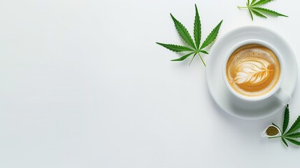 Cup of Coffee with Cannabis Leaf on White table.