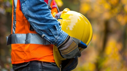 Close-up of a construction worker holding a yellow hard hat, wearing a high visibility vest.