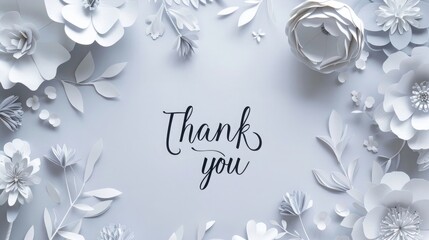 paper cut flowers in grey and white colors on a light background, the text "Thank you" written at the center of the composition