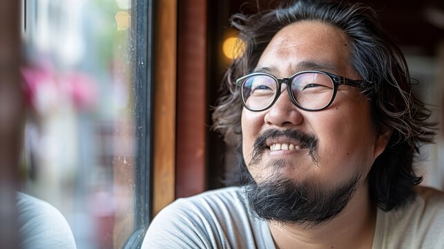 Fat Chinese male smiles while looking out the window