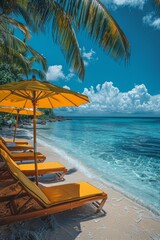 vibrant beach setting with umbrella, lounge chairs on tropical island, perfect for a summer escape, ideal for travel-themed promotions