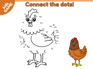 Dot to dot game for children. Connect the dots by numbers, draw a cartoon chicken and color it. Educational puzzle for school kids. Activity page with cute hen. Vector baby illustration of farm bird.