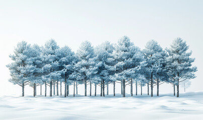 Snow-Covered Pine Trees Against White Sky Background in Serene Winter Landscape