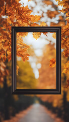 A black picture frame hanging in the middle of a pathway surrounded by autumn trees with vibrant orange and yellow leaves.