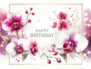Elegant floral birthday card with pink and white orchids and delicate botanical elements