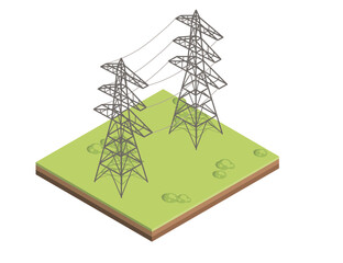 High voltage towers with cables standing on green square of ground vector illustration isolated on white background