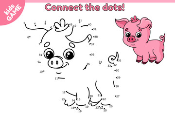 Dot to dot game for children. Connect the dots by numbers, draw a cartoon pink small pig and color it. Educational puzzle for school kids. Page with cute piglet. Vector illustration of farm animal.