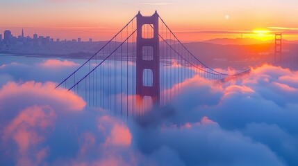 Golden Gate Bridge with sunset clouds over the bay, AI-generated.