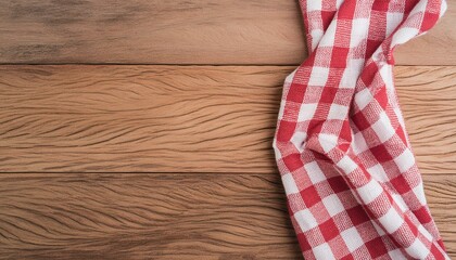 Top view of red checkered tablecloth on blank empty wooden table background banner, food concept