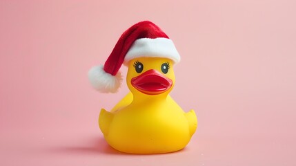 Cute rubber duck with Santa hat on a soft pink background. Fun holiday decoration. Perfect for Christmas themes. AI