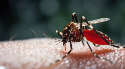 Naklejka premium striped mosquito on the skin close-up sucks blood. Mosquitoes are carriers of dengue fever, world malaria day, poster