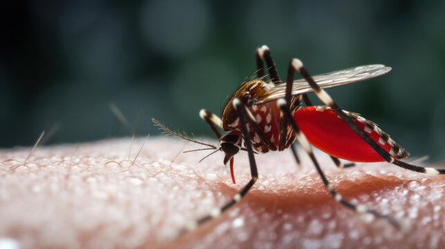 striped mosquito on the skin close-up sucks blood. Mosquitoes are carriers of dengue fever, world malaria day, poster