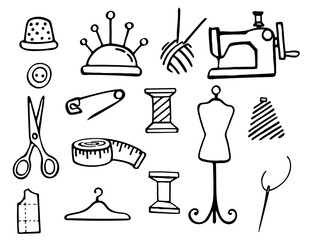 Set of sewing and needlework tools icon black and white vector illustration isolated on white background