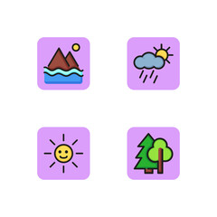 Nature line icon set. Sunshine, forest, mountains and rainy cloud. Weather concept. Vector illustration for web design