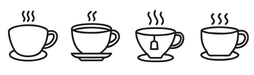 Collection of minimalist coffee and tea cup icons, perfect for web design and digital projects, featuring various steaming cups.
