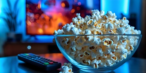 Glass Bowl of Popcorn next to Remote Control on Table with TV Playing in the Background. Concept Home Entertainment, Movie Night, Snack Time, Couch Potato, Relaxing Evening