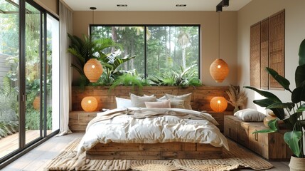 biophilic bedroom design, biophilic bedroom design features natural wood accents and earthy tones, creating a peaceful environment for relaxation and rejuvenation