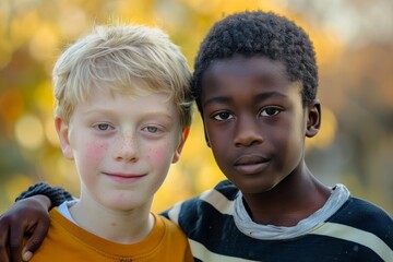 Two boy friends of African-American and European appearance stand in an embrace next to each other