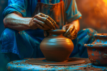 An African-American male potter makes a pot on a potter's wheel. Pottery art. A fashionable hobby, handmade. Potter's hands in close-up.