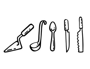Set of kitchen utensil icon black and white vector illustration isolated on white background