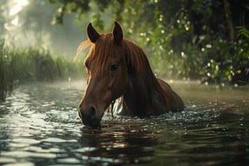 a horse swims in a deep river