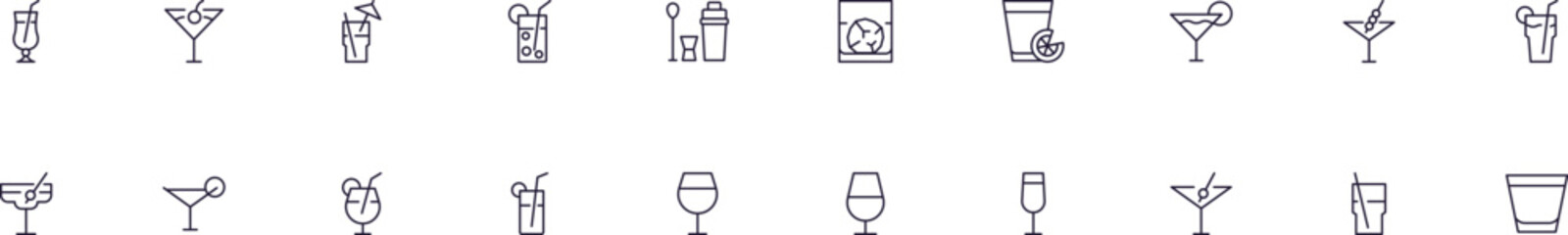 Cocktail linear symbols pack. Outline symbol and editable stroke for apps, stores, shops, infographics