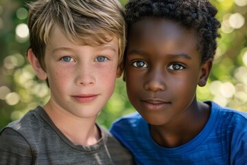 Obraz premium Close-up portrait of two boys of African-American and European appearance standing next to each other and smiling against the backdrop of nature