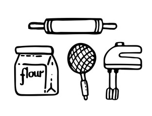 Set of kitchenware icon black and white vector illustration isolated on white background
