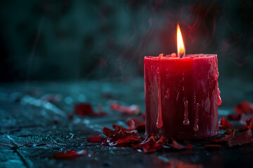A red candle burning, with melted wax, on a dark background.