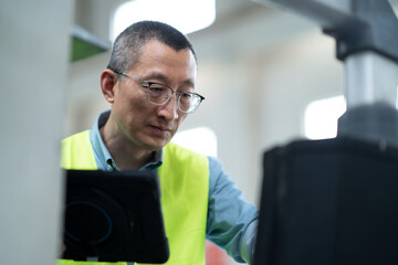 person working with tablet in workshop