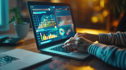 Photograph of female hands typing on a laptop with digital marketing images and graphs displayed on the screen, close up view over a desk in an office with natural lighting