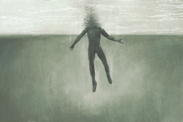 Illustration of man underwater taking a breath, surreal concept