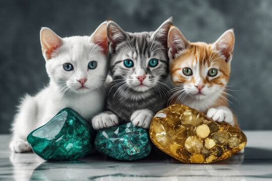 Gatos irm&atilde;os filhotes pedras verdes esmeraldas granito fotos dom&eacute;sticos estima&ccedil;&atilde;o IA Generativa