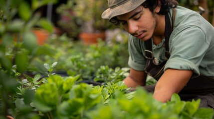 A man is working in a garden, tending to the plants