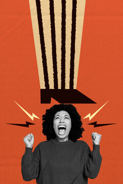 Vertical photo collage picture scream woman shout discrimination step leg shoes force domination psycho freak frustrated mockery concept
