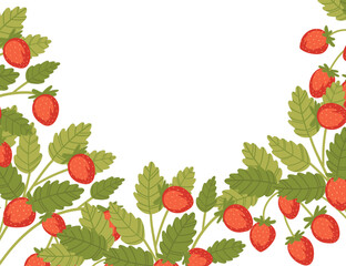 Red tasty wild strawberry on green stem with leaves vector illustration on white background