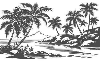 Coastal landscape with palm trees on the shore portrayed in a vector engraving