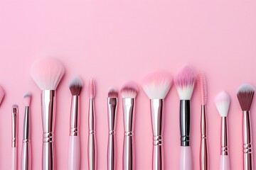 row of different makeup brushes with pink shiny handles on a pastel pink background, flat lay
