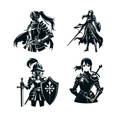 A black silhouette of a knight girl with a totem sword and a beautiful winged shield, she is a young elf in plate armor with long pointed ears and pigtails. Set collection